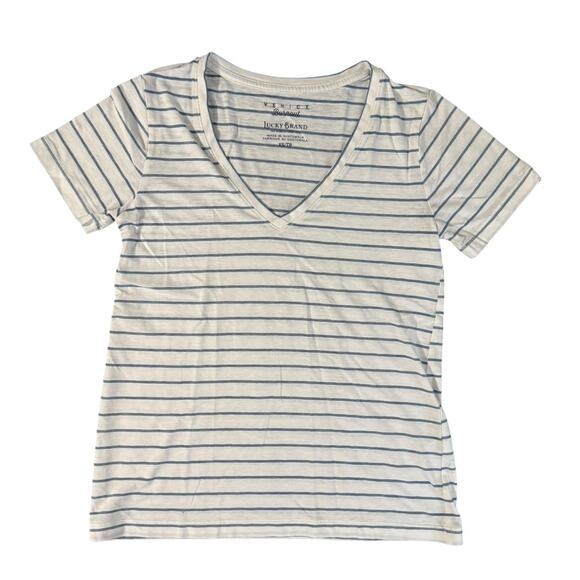 Lucky Brand Venice Burnout Stripe Tee XS White Blue Summer Soft Barefoot Energy - Picture 1 of 5